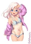  1girl arm_at_side armpits ass_visible_through_thighs bare_shoulders blonde_hair blue_eyes bow bow_panties bra breasts collarbone cowboy_shot ebifurya grey_bra grey_panties hair_between_eyes highres jacket kantai_collection long_hair long_sleeves looking_at_viewer open_mouth panties pink_jacket ro-500_(kantai_collection) small_breasts solo standing stomach thigh_gap underwear white_background 