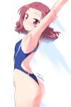  1girl ass blue_swimsuit commentary_request competition_swimsuit cowboy_shot dated girls_und_panzer highres kuzuryuu_kennosuke one-piece_swimsuit one-piece_thong red_eyes red_hair rosehip short_hair solo standing stretch swimsuit twitter_username two-tone_background wavy_hair white_background 