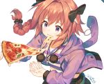  all_male astolfo blush bow braids fate/grand_order fate_(series) food hoodie kotoribako long_hair male pink_hair pizza ponytail purple_eyes signed skirt trap 