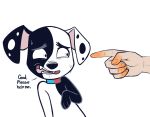  101_dalmatian_street 101_dalmatians 2019 better_version_at_source canid canine canis cheeto_dust dalmatian deepak_(101_dalmatians) dialogue disembodied_hand disney domestic_dog duo english_text higgly_town_hero human male mammal panic solo_focus text 
