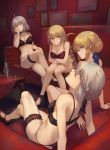  4girls ahoge arm_support artoria_pendragon_(all) bangs bare_shoulders black_bra black_footwear black_panties blonde_hair blue_eyes blue_ribbon blush bow bow_bra bra braid breasts cleavage closed_mouth collarbone commentary couch crossed_arms crossed_legs crown_braid elbow_rest expressionless eyebrows_visible_through_hair fate/apocrypha fate/grand_order fate/stay_night fate_(series) flower green_eyes groin hair_between_eyes hair_bun hair_ribbon half-closed_eyes hand_on_own_cheek hand_on_own_knee head_tilt high_heels highres indoors jeanne_d&#039;arc_(alter)_(fate) jeanne_d&#039;arc_(fate) jeanne_d&#039;arc_(fate)_(all) jewelry knees_together_feet_apart large_breasts leaning_back leaning_forward leg_garter lingerie long_hair looking_at_viewer mashuu_(neko_no_oyashiro) medium_breasts multiple_girls navel necklace panties parted_lips photo_(object) picture_frame red_bra red_flower red_footwear red_rose removed ribbon ribbon-trimmed_bra rose saber saber_alter short_hair side-tie_panties sidelocks signature single_braid sitting smile stomach table tareme thighs twitter_username underwear underwear_only vase very_long_hair yellow_eyes 