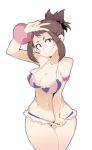  1girl alternate_hairstyle armband bikini_pull blush_stickers boku_no_hero_academia breasts brown_eyes brown_hair downscaled highres hotvr looking_at_viewer md5_mismatch medium_breasts navel pulled_by_self resized smile solo thigh_gap tied_hair uraraka_ochako v white_background 