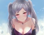  1girl :q bandeau bangs bare_shoulders bikini bikini_top blue_background blush braid breasts cleavage closed_mouth collarbone fire_emblem fire_emblem_awakening fire_emblem_heroes from_above gradient gradient_background grima_(fire_emblem) head_tilt jewelry large_breasts leonmandala long_hair looking_at_viewer looking_up necklace o-ring o-ring_bikini o-ring_top off_shoulder open_clothes parted_bangs purple_bikini red_eyes robin_(fire_emblem) robin_(fire_emblem)_(female) sidelocks silver_hair smile solo strapless strapless_bikini sweat swimsuit tongue tongue_out twintails 