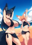  2girls :d absurdres animal_ear_fluff animal_ears arm_up armpits arms_behind_head bangs beach bike_shorts bikini black_bikini black_hair blue_sky breasts cloud commentary crop_top day dutch_angle ear_piercing food food_in_mouth fox_ears fox_girl fox_tail hair_between_eyes hair_ornament hairclip highres huge_breasts kiri_(sub-res) large_tail long_hair multiple_girls navel one_eye_closed open_mouth orange_hair original outdoors piercing popsicle red_eyes sarong short_hair_with_long_locks sidelocks sky small_breasts smile stomach sub-res suzu_(sub-res) swimsuit symbol_commentary tail waving 