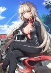  1girl bangs boots breasts cleavage closed_mouth cloud cloudy_sky commentary_request fate/grand_order fate_(series) ground_vehicle helmet highres jeanne_d&#039;arc_(alter)_(fate) jeanne_d&#039;arc_(fate)_(all) jumpsuit large_breasts long_hair motor_vehicle motorcycle motorcycle_helmet o-ring o-ring_top outdoors piyo_(pixiv_2308057) silver_hair sitting sky solo tree tsurime yellow_eyes 