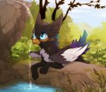  2018 avian beak day detailed_background digital_media_(artwork) feathered_wings feathers feral gryphon hi_res outside paws reysi sky smile solo tongue wings yellow_beak 