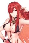  1girl armpits bangs bare_shoulders bikini black_bikini black_choker breasts choker crimecrime fate/grand_order fate_(series) grin hair_over_one_eye hand_on_hip hand_up highres large_breasts long_hair looking_at_viewer navel oda_nobunaga_(maou_avenger)_(fate) red_eyes red_hair red_ribbon ribbon simple_background smile solo swimsuit upper_body very_long_hair white_background wristband 