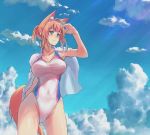  1girl animal_ears blue_eyes blue_sky breasts cleavage clothes_on_shoulders cloud collarbone commentary_request competition_swimsuit covered_navel cowboy_shot day dress_shirt fox_ears fox_tail highleg highleg_swimsuit long_hair one-piece_swimsuit orange_hair original outdoors ponytail sawaya_(mizukazu) shirt sky solo standing swimsuit tail white_shirt white_swimsuit 