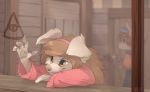  2018 4_fingers anthro brown_eyes brown_hair canid canine canis clothed clothing detailed_background digital_media_(artwork) disney domestic_dog female fingers fur gravity_falls grey_fur hair hi_res mammal reysi smile 