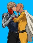  2boys absurdres bald belt black_pants black_sclera blonde_hair blue_background blue_tank_top blush bodysuit cape closed_eyes curly_hair cyborg earrings english_commentary genos gloves hand_on_another&#039;s_neck highres jewelry kiss male_focus mechanical_arm mechanical_arms multiple_boys one-punch_man pants prosthesis prosthetic_arm red_gloves saitama_(one-punch_man) superhero tank_top thisuserisalive white_cape yaoi yellow_bodysuit yellow_eyes 