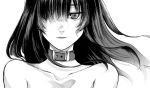  1girl absurdres bangs bare_shoulders black_hair closed_mouth collar collarbone commentary face greyscale hair_over_one_eye highres hiraoka_koushi huge_filesize long_hair monochrome original 