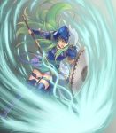  1girl armor artist_name fire_emblem fire_emblem:_path_of_radiance full_body green_hair helmet highres holding holding_shield long_hair nephenee open_mouth polearm shield skirt solo thigh_strap weapon white_skirt will_(willanator93) 