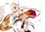  1boy absurdres bald blank_eyes bodysuit cape clenched_hand commentary gloves highres hiraoka_koushi huge_filesize male_focus monochrome muscle one-punch_man open_mouth punching saitama_(one-punch_man) superhero 