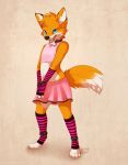  2017 anthro blue_eyes canid canine clothed clothing collar crossdressing digital_media_(artwork) fox fur hair hi_res male mammal open_mouth orange_fur orange_hair reysi simple_background smile solo standing teeth tongue 