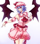  1girl adapted_costume armpit_peek arms_up bat_wings blouse blue_hair breasts brooch contrapposto cravat cropped_legs detached_sleeves eyebrows_visible_through_hair fangs fingernails frilled_skirt frills gradient gradient_background grey_background grin hair_between_eyes hat hat_ribbon head_tilt highres jewelry large_breasts looking_to_the_side mob_cap pink_blouse pink_headwear pink_skirt pointy_ears red_eyes red_nails red_neckwear remilia_scarlet ribbon sash sharp_fingernails short_hair short_sleeves simple_background skirt skirt_set smile solo standing thigh_gap touhou vampire white_background wings wrist_cuffs zeramu 