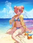  1girl artist_name bandaged_arm bandaged_leg bandages barefoot beach bikini blue_bikini blue_sky breasts choker cloud collarbone commentary crab day detached_sleeves double_bun fate/grand_order fate_(series) food frankenstein&#039;s_monster_(fate) frankenstein&#039;s_monster_(swimsuit_saber)_(fate) hair_ornament hair_over_one_eye hairclip headgear holding holding_food horn innertube jacket melting navel outdoors parted_lips pink_hair popsicle ribbon_choker sand short_hair single_detached_sleeve sitting sky sleeves_past_wrists solo stomach swimsuit water yellow_jacket yokozuwari yume_ou 