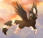  2018 black_feathers black_fur black_nose canid canine digital_media_(artwork) feathered_wings feathers flying fox fur green_eyes heterochromia hi_res hybrid mammal paws reysi smile whiskers wings 