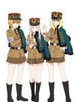  3girls absurdres aiguillette armband asparagus_(girls_und_panzer) bc_freedom_(emblem) bc_freedom_military_uniform belt black_belt black_footwear black_headwear black_neckwear blonde_hair blue_eyes blue_jacket boots brown_jacket brown_skirt cake closed_eyes color_connection crossed_arms dress_shirt drill_hair emblem food fork girls_und_panzer girls_und_panzer_ribbon_no_musha hair_color_connection hand_on_hip hat highres holding holding_fork holding_saucer jacket jacket_on_shoulders kepi knee_boots long_hair long_sleeves looking_at_viewer marie_(girls_und_panzer) medium_hair military military_hat military_uniform miniskirt multiple_girls necktie oshida_(girls_und_panzer) perfect_han pleated_skirt shirt short_hair simple_background skirt smile smirk standing uniform v-shaped_eyebrows white_background white_shirt 