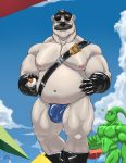  absurd_res anthro bulge clothing detailed_background erection eyewear facial_hair front_view gloves handwear hi_res looking_at_viewer male mammal muscular muscular_male mustache polar_bear repzzmonster slightly_chubby smile solo_focus standing sunglasses ursid ursine 