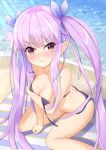  1girl annoyed ass beach beach_towel bikini black_bikini blush breasts brown_eyes butt_crack cleavage covering covering_breasts elf highres hikawa_kyoka long_hair nc731 ocean pointy_ears princess_connect! princess_connect!_re:dive purple_hair ribbon sitting solo swimsuit towel twintails untied very_long_hair water 
