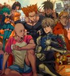  2girls 5boys absurdres bald bare_shoulders barefoot black_sclera black_shirt blanket blonde_hair blue_shorts bottle breasts cleavage clenched_hands crop_top cup curly_hair cyborg dark_skin dress earrings english_commentary flipped_hair floating fubuki_(one-punch_man) garou_(one-punch_man) genos green_eyes green_hair green_legwear green_skirt hair_between_eyes headband high_heels highres jacket jewelry king_(one-punch_man) large_breasts long_hair multiple_boys multiple_girls muscle navel one-punch_man open_mouth orange_dress orange_hair outdoors parted_lips picnic picnic_basket pointy_hair prosthesis prosthetic_arm red_sweater saitama_(one-punch_man) scar shirt short_hair short_sleeves shorts siblings sisters sitting skirt sky suiryuu_(one-punch_man) sweat sweater t-shirt tatsumaki thighhighs thisuserisalive tree water_bottle yellow_eyes yellow_headband 