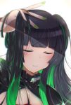 1girl absurdres bangs black_hair black_jacket blunt_bangs blush breasts closed_mouth expressionless eyebrows_visible_through_hair glint green_hair green_nails hand_in_hair highres idolmaster idolmaster_shiny_colors jacket long_hair long_sleeves mayuzumi_fuyuko medium_breasts mitsuba_(watergarden) multicolored_hair shrug_(clothing) simple_background solo streaked_hair two_side_up upper_body 