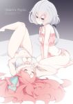  2girls blue_eyes bow bra cat_cutout cat_ear_panties cat_lingerie cleavage_cutout commentary_request frilled_bra frills grey_eyes grey_hair haya_bs highres knees_up konno_junko low_twintails lying meme_attire minamoto_sakura multiple_girls on_back on_bed panties pink_hair polka_dot polka_dot_bow red_hair ribbon seiza side-tie_panties side_ponytail sitting twintails underwear underwear_only zombie_land_saga 