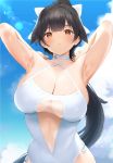  1girl armpits azur_lane bangs black_hair blush bow breasts brown_eyes casual_one-piece_swimsuit cleavage closed_mouth collarbone criss-cross_halter day detached_sleeves flower hair_bow hair_flower hair_ornament halterneck large_breasts long_hair looking_at_viewer navel nekoshoko one-piece_swimsuit outdoors ponytail sky solo swimsuit takao_(azur_lane) takao_(beach_rhapsody)_(azur_lane) very_long_hair white_bow white_swimsuit 