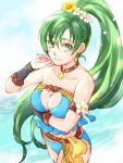  1girl blue_swimsuit breasts choker cleavage closed_mouth fire_emblem fire_emblem:_the_blazing_blade fire_emblem_heroes flower green_eyes green_hair hair_flower hair_ornament long_hair lyn_(fire_emblem) ponytail solo swimsuit usachu_now 
