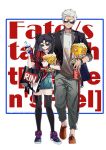  1boy 1girl archer background_text bag black_hair black_legwear casual commentary_request fate/stay_night fate_(series) food full_body long_hair pepsi popcorn shoulder_bag standing sunglasses thighhighs toosaka_rin two_side_up watch watermark web_address white_background white_hair wristwatch yaoshi_jun zettai_ryouiki 