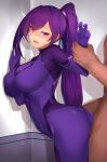 1boy 1girl ass bangs blush bodysuit breasts clothed_female_nude_male cowboy_shot eyebrows_visible_through_hair half-closed_eyes hetero highres large_breasts long_hair nude open_mouth original penis ponytail purple_bodysuit purple_eyes purple_hair saisarisu sex sidelocks skin_tight solo_focus standing standing_sex sweat vaginal very_long_hair 