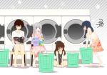  4girls :d bandaged_arm bandages bandaid bandaid_on_face bandaid_on_knee black_shorts blue_hair blush book breast_envy breasts brown_eyes brown_hair dog_tags expressionless eyebrows_visible_through_hair flat_chest floral_print gradient_dress grey_shorts grey_tank_top hair_down holding holding_book japanese_clothes jewelry kaga_(kantai_collection) kantai_collection kimono knees_together_feet_apart large_breasts laundromat laundry_basket long_hair looking_at_another multiple_girls necklace open_mouth pink_kimono reading ryuujou_(kantai_collection) shaded_face shirt short_hair shorts shoukaku_(kantai_collection) side_ponytail signature silver_hair sitting smile souryuu_(kantai_collection) stool sweatdrop tareme white_shirt yua_(checkmate) 