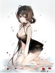  1girl bare_arms bare_legs bare_shoulders barefoot between_legs black_dress black_hair breasts cleavage collarbone dress hair_rings large_breasts long_hair looking_at_viewer naru_(ul) original parted_lips petals red_eyes sleeveless sleeveless_dress solo spaghetti_strap thighs v_arms very_long_hair water 