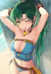  1girl absurdres armpits arms_behind_head arms_up bangs bare_shoulders black_gloves blue_swimsuit blush breasts cleavage closed_mouth collarbone earrings fire_emblem fire_emblem:_the_blazing_blade fire_emblem_heroes gloves green_eyes green_hair high_ponytail highres jewelry large_breasts long_hair looking_at_viewer lyn_(fire_emblem) navel ormille ponytail solo swimsuit tying_hair very_long_hair 