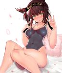  1girl :o black_swimsuit blush breasts brown_hair clothes_writing collarbone competition_swimsuit covered_navel eriyama_(user_csua4255) eyebrows_visible_through_hair glint hachimaki hair_flaps hairband hands_up hatsuzuki_(kantai_collection) headband highres jewelry kantai_collection looking_at_viewer medium_breasts one-piece_swimsuit open_mouth petals ring short_hair sitting skindentation solo swimsuit wedding_band yellow_eyes 