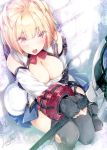  1girl black_gloves black_legwear blonde_hair blue_skirt blush bow bowtie breasts claire_victorious cleavage commentary_request dated detached_sleeves eyebrows_visible_through_hair fingerless_gloves gloves god_eater god_eater_3 highres long_hair looking_at_viewer luna_lia open_mouth red_eyes red_neckwear short_hair signature skirt solo thighhighs 