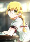  1girl blonde_hair braid desk gesugesu_ahoaho glasses indoors long_hair looking_at_viewer monogatari_(series) oshino_shinobu pointy_ears school_desk school_uniform sitting solo sunlight twin_braids twintails window yellow_eyes 