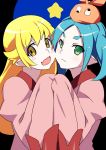  2girls aqua_hair beanie blonde_hair blush cosplay fang gesugesu_ahoaho green_eyes hat long_sleeves monogatari_(series) multiple_girls ononoki_yotsugi oshino_ougi oshino_ougi_(cosplay) oshino_shinobu star yellow_eyes 