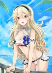  1girl akina_(akn1819) black_hairband blue_sky breasts cleavage cloud corrin_(fire_emblem) corrin_(fire_emblem)_(female) day fire_emblem fire_emblem_cipher fire_emblem_fates hairband highres long_hair open_mouth outdoors pointy_ears red_eyes sky solo swimsuit twitter_username underboob water white_hair 