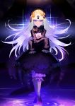  1girl abigail_williams_(fate/grand_order) bangs barefoot black_bow black_dress black_headwear blonde_hair bloomers bow bug butterfly closed_mouth commentary_request dress fate/grand_order fate_(series) hair_bow hat highres insect long_hair long_sleeves looking_at_viewer object_hug orange_bow parted_bangs polka_dot polka_dot_bow purple_eyes sleeves_past_fingers sleeves_past_wrists solo soupchan sparkle standing stuffed_animal stuffed_toy teddy_bear tentacles underwear very_long_hair white_bloomers 