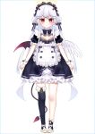  1girl angel apron asymmetrical_legwear bangs black_bow black_dress black_legwear bow braid chihiro_(khorosho) closed_mouth commentary_request demon_girl demon_horns demon_tail demon_wings double_bun dress eyebrows_visible_through_hair feathered_wings frilled_apron frilled_dress frills full_body hair_between_eyes hair_bow hair_ornament hairclip halo horns long_hair mismatched_wings original puffy_short_sleeves puffy_sleeves red_eyes red_wings shoes short_sleeves side_bun silver_hair single_sock single_thighhigh smile socks solo standing tail thighhighs very_long_hair waist_apron white_apron white_background white_footwear white_wings wings x_hair_ornament 