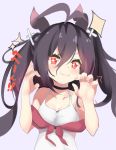  +_+ 1girl azur_lane bangs bare_arms bare_shoulders black_hair blush breasts choker cleavage collarbone commentary_request eyebrows_visible_through_hair eyes_visible_through_hair grin hair_between_eyes hands_up highres i-168_(azur_lane) long_hair moneko1107 red_eyes school_swimsuit smile solo swimsuit twintails upper_body v-shaped_eyebrows white_school_swimsuit white_swimsuit 