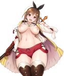  1girl :d atelier_(series) atelier_ryza blush breasts brown_eyes brown_gloves brown_hair brown_legwear collarbone gloves hair_ornament hairclip harukigenia hat jewelry large_breasts looking_at_viewer navel necklace nipples open_mouth red_shorts reisalin_stout short_hair short_shorts shorts simple_background single_glove smile solo star thighhighs thighs white_background white_headwear white_legwear 
