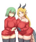  2019 animal_humanoid big_breasts blonde_hair breast_squish breasts breasts_frottage clothing dragon dragon_humanoid duo ear_frill fangs female female/female frill_(anatomy) gesture gloves green_hair hair hand_heart handwear hi_res horn huge_breasts human humanoid jewelry joined_hand_heart legwear mammal necklace off_shoulder simple_background squish sweater thatnav thigh_highs topwear white_background yellow_eyes 