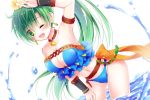  1girl arm_up blue_swimsuit breasts choker cleavage earrings fire_emblem fire_emblem:_the_blazing_blade fire_emblem_heroes flower green_eyes green_hair hair_flower hair_ornament jewelry long_hair lyn_(fire_emblem) one_eye_closed open_mouth ponytail sasaki_fumi solo swimsuit twitter_username water 