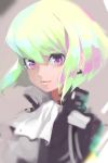  1boy black_jacket close-up closed_mouth cravat face green_hair jacket lida_orsta lio_fotia lips looking_at_viewer male_focus portrait promare purple_eyes short_hair smile solo 