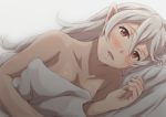  1girl :d backlighting blush breasts cleavage collarbone corrin_(fire_emblem) corrin_(fire_emblem)_(female) eyebrows_visible_through_hair fire_emblem fire_emblem_fates hair_between_eyes kuhuku006f86 long_hair looking_at_viewer lying nude on_side open_mouth pointy_ears red_eyes shiny shiny_hair silver_hair simple_background small_breasts smile solo under_covers upper_body white_background 