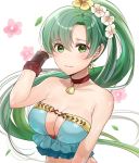  1girl blue_swimsuit breasts choker cleavage closed_mouth earrings fire_emblem fire_emblem:_the_blazing_blade fire_emblem_heroes flower green_eyes green_hair hair_flower hair_ornament haru_(nakajou-28) highres jewelry long_hair lyn_(fire_emblem) ponytail simple_background solo swimsuit upper_body white_background 