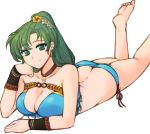  1girl barefoot blue_swimsuit breasts choker cleavage closed_mouth earrings fire_emblem fire_emblem:_the_blazing_blade fire_emblem_heroes flower green_eyes green_hair hair_flower hair_ornament highres jewelry long_hair lying lyn_(fire_emblem) on_stomach ponytail simple_background smile solo swimsuit tridisart white_background 