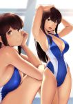  1girl akagi_(kantai_collection) arm_support armpits arms_behind_head arms_up bangs bare_shoulders blue_swimsuit blush breasts brown_eyes brown_hair cleavage closed_mouth highleg highleg_swimsuit highres indoors kantai_collection large_breasts long_hair looking_at_viewer multiple_views one-piece_swimsuit open_mouth rei_no_pool sidelocks sitting skindentation smile straight_hair swimsuit thighs wa_(genryusui) zipper zipper_pull_tab 
